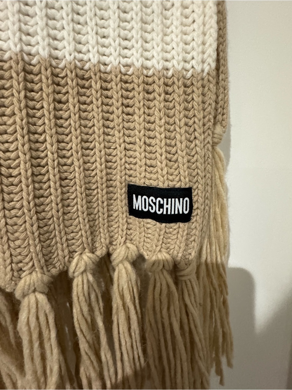 Moschino Two-Tone Beige & Cream Knit Fringe Throw